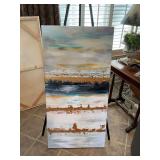 Hand painted canvas 24“ x 48“ in blue gold and white hues