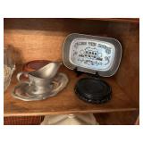 Pewter gravy boat and tray, 11 x 7  Bless this Home tray and two oriental wood stands