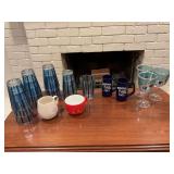 Grouping of glassware to include two cobalt blue Memphis mugs