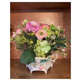 Pink and green floral arrangement in a vintage dish from Prussia 16 inches wide by 11 inches tall