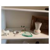 Group of miscellaneous decor pieces. The Lenox elephant is three by three-quarter inches. The vase is 6 1/4” x 4” and the basket is 12” x 9”
