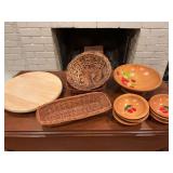 Group of miscellaneous kitchen items..  a vintage seven piece salad bowl set with strawberries,  three baskets and an oak Lazy Susan