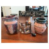 Decor pieces to include a friendship ring and two Aztec style vases, 6 1/2 and 5 7/8 inch tall, the small elephant does have a chip on front left leg