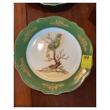 12 1/2 x 12 1/2 Green and gold rimmed parrot plate with wall plate holder