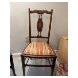 ￼ Antique inlaid dining chair, 17“ x 15 x 36“. The seat is 17” inches from floor. Very easy to reupholster.