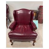 Georgian style burgundy wing back chair.. 30“ x 30“ x35”inches. The seat is 19 inches from floor.