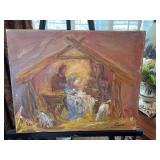 Hand painted manger canvas signed Chantel, Matt.16; 24/25. 20“ x 16“.