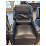 Navy leather rocker recliner swivel chair from Stash  30” x 37“ x 40“ seat is 20 inches from floor.  Manual recliner