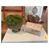 Two pieces of decor. The wooden box is 10“ x 6“ x 4“ the moss planter base is 11“ x 11“.