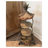 Three tiered elephant footed shelf measuring 16“ x 35“. The two center shelves are removable