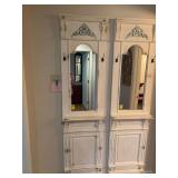 White wooden mirror with hooks and shelf 19 3/4” x 76”. Shelf is 4 “ in diameter.