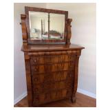 Beautiful Antique Empire Burl wood chest of drawers with swivel beveled glass mirror… excellent condition for age with all drawers working properly. The chest measures 40“ x 22“ x 47“ the mirr