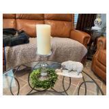 Three decor pieces; the candle holder is 9 1/2 inches tall,  the sheep is 10” x 5” 9 inch and a greenery piece