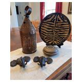 Group of home decor. 10 inch plate,￼ copper candle holder 5 1/2” x 13” , 2 elephant hooks 5“ covered box from Greece ￼
