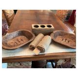 Two 13 1/2 x 10 1/2” prayer bowls with a candle holder that is 10 inches long and a roll and a half of burlap