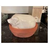 Porcelain and terra-cotta pig on basket covered dish 12” x 7 1/2”