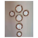 Salisbury China from England, three plates and three saucers, arranged in cross pattern