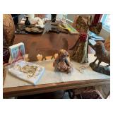 Grouping of Christmas decor.  the angel candleholder is 7“ x 17“, the sheep is 10“ x 10“, the drummer boy is 7“ x 7 1/2“, and the manger scene is 15“ x 14“