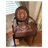 French Carved Oak Needlepoint Upholstered Armchair 24“ x 26“ x 36“ the seat is 19 inches from floor. Very pretty rose needlepoint design
