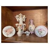 ￼ Combination of six vintage vases and plates. Two 6 1/2 inch plates by Lila Farlow, ￼ the pink vase is 5 x 6 1/2 from Austria. The white vase is 7 1/2” x 14”, the two small vases are 3 inches