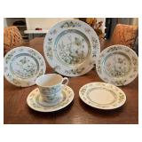 Royal Doulton fine China -Tonkin pattern. Six pieces total to include one 10 1/2 inch dinner plate two 6 1/2 inch dessert plates, two saucers and one cup.