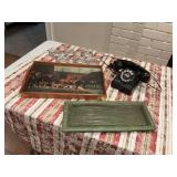 Antique phone, six coasters, 17 1/2 x 12“ fox hunt tray and and 16 x 7“ bamboo look green pottery tray Gilliams  New Orleans