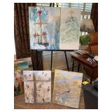 Grouping of four canvases; three are 18 x 24 and the Christmas tree is 12 x 24