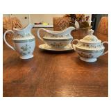 Royal Doulton fine China- Tonkin pattern. Gravy boat with under tray and cream and sugar bowl.