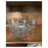 Crystal 8 1/4 x 3 1/4” bowl with two vases and a jar