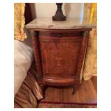 French marble top side table 19“ x 15“ x 32“, with brass and beautiful inlaid wood detail