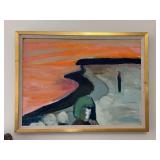 Signed oil on canvas depicting long dark road, colorful sunset…..33 x 25