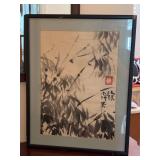 Framed and signed Chinese ink wash print featuring bamboo, a style often associated with integrity and strength in traditional art…..16-3/4 x 21-1/2…..frame has blemish