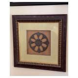 Decorative framed wall art piece, modeled after the Konark Sun Temple wheel…..21-1/2” square