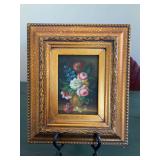 Vintage Stunning Oil on Canvas Print of Still Life Flowers in Gold Gilt Frame…..7-3/4 x 9-1/4