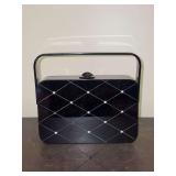 Vintage art deco black lacquered hard body box-style vanity case accented clear rhinestones…..7-3/4 x 5 x 7-1/4 tall to top of handle