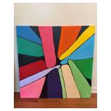 Large, square abstract painting featuring a vibrant, fan-shaped arrangement of colored panels separated by black lines…..36” square