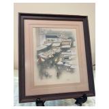Signed (Peter) Watercolor Print featuring Seaside Shopping District, Fishing Boats, Markets…..12-1/2 x 14-1/4…..Peter Wong
