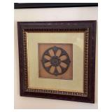 Decorative framed wall art piece, modeled after the Konark Sun Temple wheel…..21-1/2” square