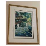 Framed  watercolor print featuring serene landscape of pond with lily pads…..23-1/2 x 29-1/2