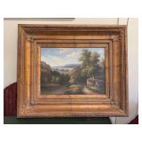 Signed  Karl Halley oil on canvas print of serene river landscape featuring trees, rolling hills, and a distant mountain view - reminiscent of the Hudson River School style…..25 x 21