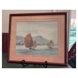 Vintage signed (Peter) framed watercolor print depicting Chinese junk boats in a harbor…..12-1/4 x 14-1/4…..Peter Wong
