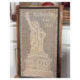 Antique framed filet crochet panel depicting the Statue of Liberty…..frame has a distressed look from age….13-3/4 x 24-3/4