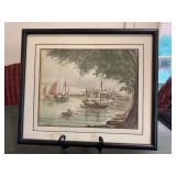 Framed and signed (Peter) vintage watercolor print by Peter Wong depicting Chinese junk boats in a harbor…..13-3/4 x 11-3/4