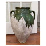 Ceramic Two-Handled Pottery Jar with Green Drip Glaze and Textured Body…..19” tall