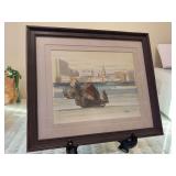 Collectible signed (Peter) watercolor print depicting traditional Chinese junk boats in a harbour setting…..14-1/2 x 12-1/2…..Peter Wong