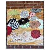 Beautiful signed (J Hanks) oil on canvas selecting beach chairs and umbrellas…..36” square