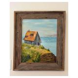 Signed (Juanita King) oil on canvas depicting old bar by the sea….framed in what appears to be old barn wood…..22-1/2 x 26-1/4….back is taped