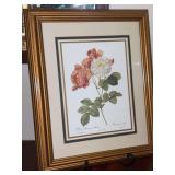 Beautifully framed botanical print titled 'Rosa Damascens Celsiana' based on the work of famous illustrator Pierre-Joseph Redouté…..13-3/4 x 16-3/4