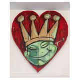 Signed “Clear To Me”whimsical wooden wall art piece featuring a fairytale frog prince wearing a gold crown…..signed Tootsie Bell…..approx. 28 x 35