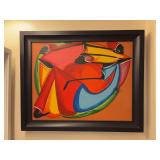 Colorful and bright signed (Sean Jamayca) Caribbean abstract oil on canvas…..22 x 18